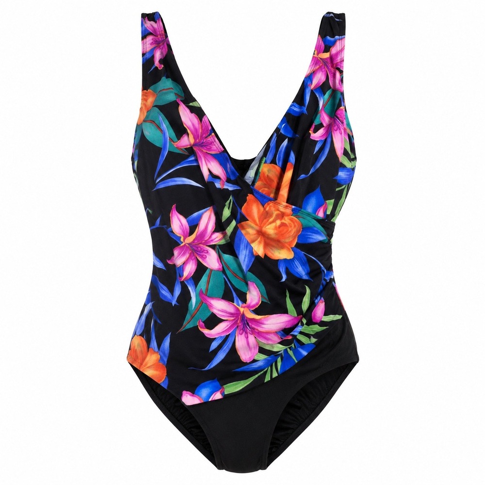 Floral Wrap Front‎ One Piece Swimsuit Black Pink Tropical Ruched V-Neck Medium